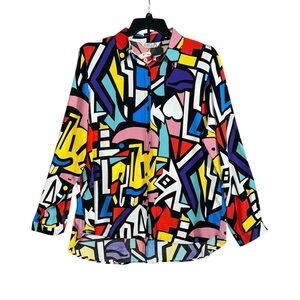 Big Dart Women’s Geometric Art Blouse Size 2X 80s Pop Retro Button Up Abstract